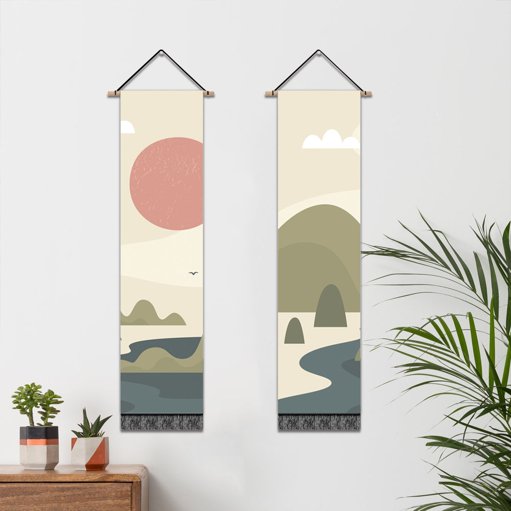 2 Pack Abstract Sun And Mountains Modern Wall Art Tapestries Vertical,Aesthetic Tapestry Art Long Tapestries for Room (12.8 X 51.2 Inch)