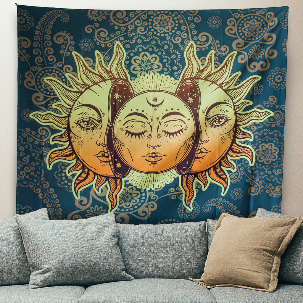 Sun and Moon Tapestry Indie Astrology Tapestry for Bedroom Hippie Aesthetic Vintage Tapestries Wall Tapestry for Teenage Girls Boys Women Men, Green Tapestry