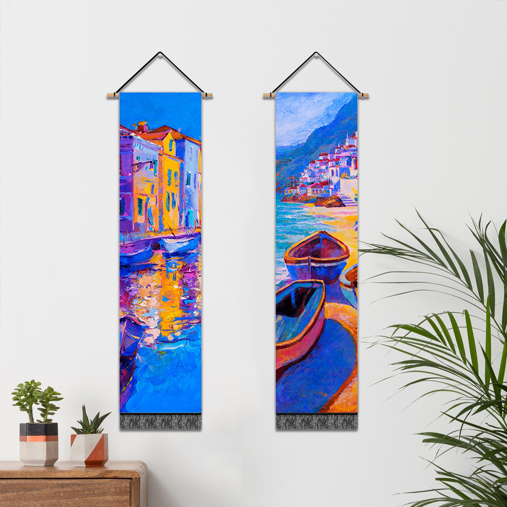 2 Pack Abstract Boat Blue Modern Wall Art Tapestries Vertical,Aesthetic Tapestry Art Long Tapestries for Room (12.8 X 51.2 Inch)