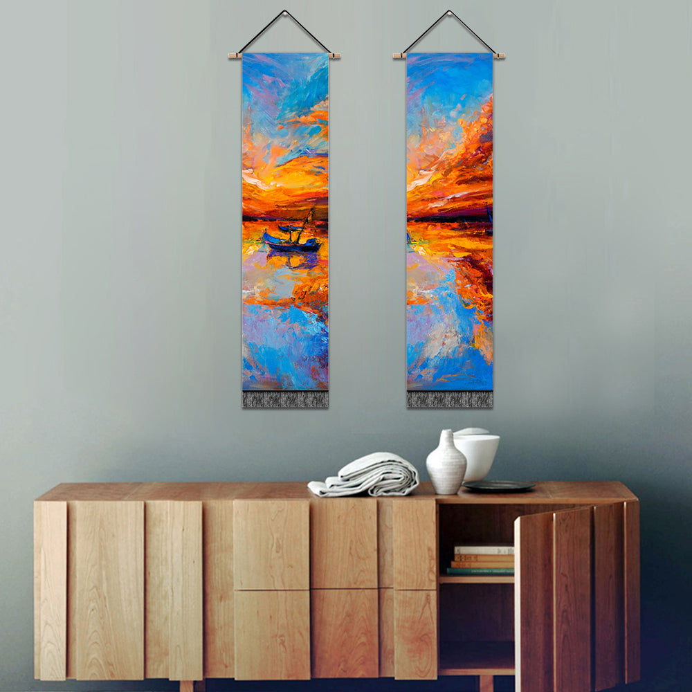 2 Pack Abstract Boat Orange Modern Wall Art Tapestries Vertical,Aesthetic Tapestry Art Long Tapestries for Room (12.8 X 51.2 Inch)