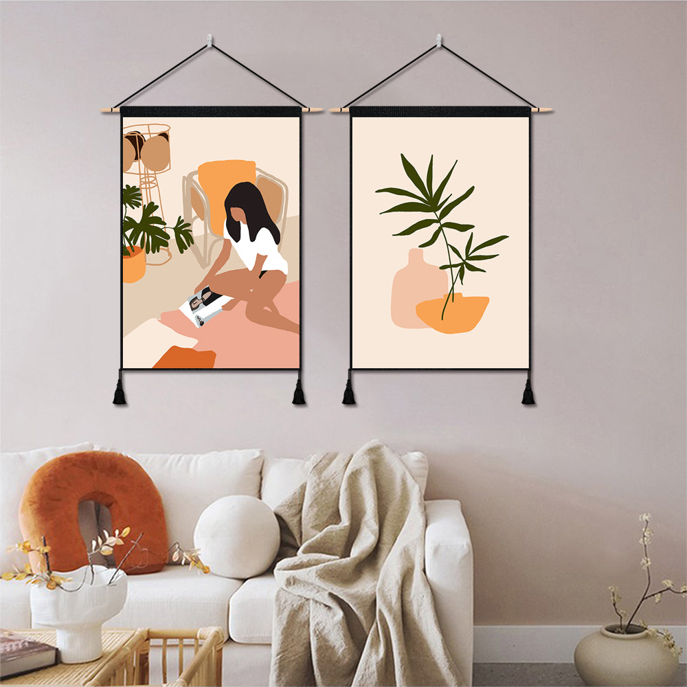 2 Pack Abstract Girl Reading Poster And Flower Vase Modern Wall Art Tapestries Vertical,Aesthetic Tapestry Art Short Tapestries for Room (13.8 X 19.7 Inch)