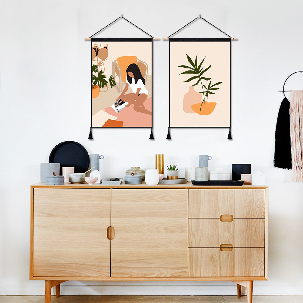 2 Pack Abstract Girl Reading Poster And Flower Vase Modern Wall Art Tapestries Vertical,Aesthetic Tapestry Art Short Tapestries for Room (13.8 X 19.7 Inch)