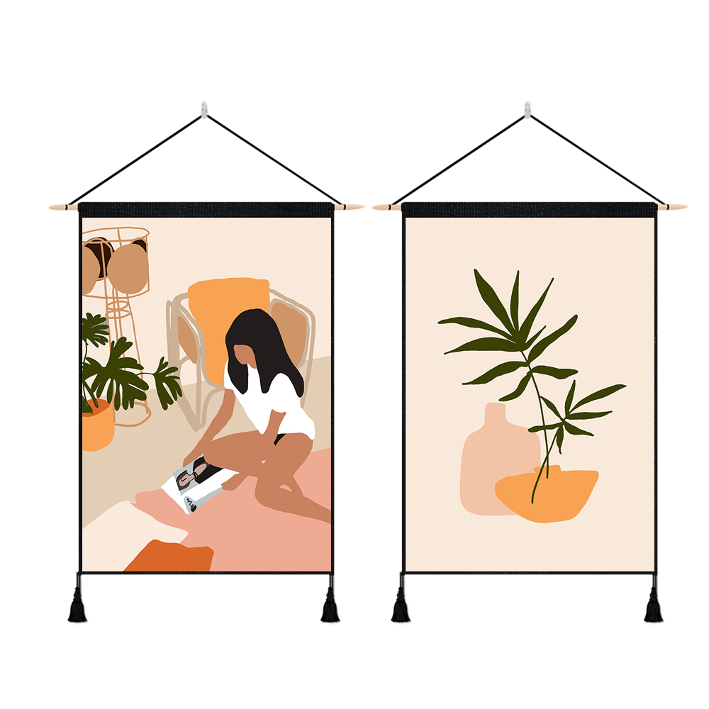2 Pack Abstract Girl Reading Poster And Flower Vase Modern Wall Art Tapestries Vertical,Aesthetic Tapestry Art Short Tapestries for Room (13.8 X 19.7 Inch)