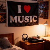 "I Love Music" Flag 3x5ft, Durable Polyester Music Lover Banner, Perfect for Music Studios, Festivals & Man Caves, Custom Sizes Available