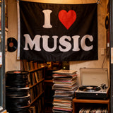 "I Love Music" Flag 3x5ft, Durable Polyester Music Lover Banner, Perfect for Music Studios, Festivals & Man Caves, Custom Sizes Available