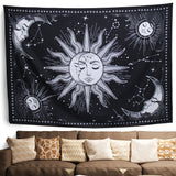 Moon and Sun Astrology Tapestry for Bedroom Aesthetic Psychedelic Mystic Wall Hanging Tapestry Burning Sun with Stars Poster Art for Room Decor, Black Tapestry