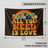 All You Need Is Love Flag 3x5 FT Retro Rainbow Peace Sign Hippie Flower Wall Decor Indoor Outdoor Hanging Banner Polyester Sign