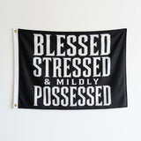 3x5FT Blessed Stressed & Mildly Possessed Funny Gothic Flag Wall Decor for Home Bedroom Gym Office Indoor Outdoor Banner
