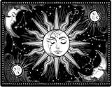 Moon and Sun Astrology Tapestry for Bedroom Aesthetic Psychedelic Mystic Wall Hanging Tapestry Burning Sun with Stars Poster Art for Room Decor, Black Tapestry