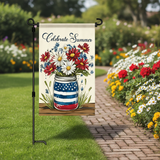 12x18 Inch Celebrate Summer Garden Flag 3 Layer Knitted Polyester Double Sided Vertical Yard Flag, Customizable Patriotic Mason Jar Floral Outdoor Decor