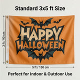 Happy Halloween Flag 3x5 FT Retro Comic Bat Orange Black Bold Banner Wall Decor Indoor Outdoor Party Hanging Sign Polyester