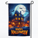 Happy Halloween Garden Flag 12x18 Inch Haunted House Bat Pumpkin Full Moon Night Yard Lawn Outdoor Seasonal Holiday Polyester Sign