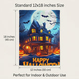 Happy Halloween Garden Flag 12x18 Inch Haunted House Bat Pumpkin Full Moon Night Yard Lawn Outdoor Seasonal Holiday Polyester Sign