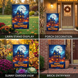 Happy Halloween Garden Flag 12x18 Inch Haunted House Bat Pumpkin Full Moon Night Yard Lawn Outdoor Seasonal Holiday Polyester Sign