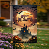 Happy Halloween Garden Flag 12x18 Inch Haunted House Bat Pumpkin Full Moon Night Yard Lawn Outdoor Seasonal Holiday Polyester Sign