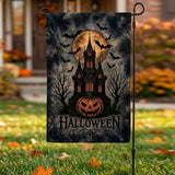 Happy Halloween Garden Flag 12x18 Inch Haunted House Bat Pumpkin Full Moon Night Yard Lawn Outdoor Seasonal Holiday Polyester Sign