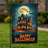 Happy Halloween Garden Flag 12x18 Inch Haunted House Bat Pumpkin Full Moon Night Yard Lawn Outdoor Seasonal Holiday Polyester Sign