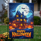 Happy Halloween Garden Flag 12x18 Inch Haunted House Bat Pumpkin Full Moon Night Yard Lawn Outdoor Seasonal Holiday Polyester Sign