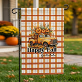 Happy Fall Y'all Garden Flag 12x18 Inch Vintage Truck Pumpkin Orange Plaid Harvest Autumn Yard Lawn Outdoor Seasonal Polyester