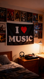 "I Love Music" Flag 3x5ft, Durable Polyester Music Lover Banner, Perfect for Music Studios, Festivals & Man Caves, Custom Sizes Available