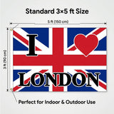 I Love London Flag 3x5 FT Union Jack UK Britain Heart Banner Wall Decor Indoor Outdoor Souvenir Hanging Sign Polyester
