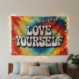 3x5FT Love Yourself Flag Rainbow  Banner,  Polyester Boho Hippie Wall Hanging with Brass Grommets, Customizable Positive Vibes Decor for Bedroom Dorm