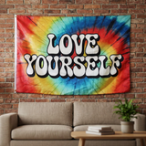 3x5FT Love Yourself Flag Rainbow  Banner,  Polyester Boho Hippie Wall Hanging with Brass Grommets, Customizable Positive Vibes Decor for Bedroom Dorm