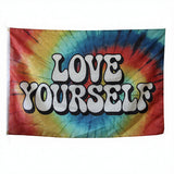 3x5FT Love Yourself Flag Rainbow  Banner,  Polyester Boho Hippie Wall Hanging with Brass Grommets, Customizable Positive Vibes Decor for Bedroom Dorm