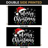 Merry Christmas Flag 3x5 FT Santa Hat String Lights Snowflake Black Banner Wall Decor Indoor Outdoor Holiday Hanging Polyester Sign