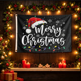 Merry Christmas Flag 3x5 FT Santa Hat String Lights Snowflake Black Banner Wall Decor Indoor Outdoor Holiday Hanging Polyester Sign