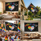 Proud Ally Flag 3x5 FT Rainbow Trans Heart LGBT Pride Equality Black Banner Wall Decor Indoor Outdoor Hanging Sign Polyester