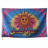 3x5FT Smile Often Flag Retro Hippie Sun Tie-Dye Banner,  Polyester Boho Positive Wall Hanging with Brass Grommets, Colorful Sunshine Decor for Bedroom Dorm