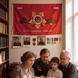 1941-1945 Soviet Patriotic Flag 3x5ft, WWII Victory Day Banner with Order of the Patriotic War Emblem, Ideal for Memorial Events & Wall Hanging