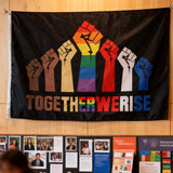 3x5ft "Together We Rise" Unity Flag, Black Polyester Banner with Rainbow Fist & Multiracial Hands, Ideal for Social Justice Rallies & Activist Displays, Customizable