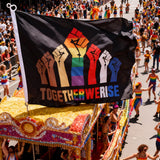 3x5ft "Together We Rise" Unity Flag, Black Polyester Banner with Rainbow Fist & Multiracial Hands, Ideal for Social Justice Rallies & Activist Displays, Customizable