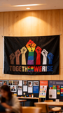 3x5ft "Together We Rise" Unity Flag, Black Polyester Banner with Rainbow Fist & Multiracial Hands, Ideal for Social Justice Rallies & Activist Displays, Customizable