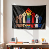 3x5ft "Together We Rise" Unity Flag, Black Polyester Banner with Rainbow Fist & Multiracial Hands, Ideal for Social Justice Rallies & Activist Displays, Customizable
