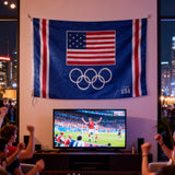 3x5ft Team USA Olympic Flag, Blue Polyester Banner with US Flag & Olympic Rings, Ideal for Olympic Viewing Parties & Home Decor, Customizable