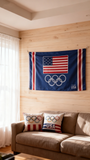 3x5ft Team USA Olympic Flag, Blue Polyester Banner with US Flag & Olympic Rings, Ideal for Olympic Viewing Parties & Home Decor, Customizable