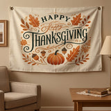 Happy Thanksgiving Flag 3x5 FT Pumpkin Acorn Oak Leaf Vintage Floral Cream Banner Wall Decor Indoor Outdoor Hanging Polyester Sign