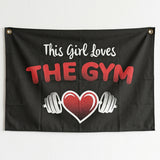 This Girl Loves The Gym Flag 3x5 FT Fitness Dumbbell Heart Banner Black Red Wall Decor Home Gym Studio Indoor Hanging Polyester