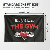 This Girl Loves The Gym Flag 3x5 FT Fitness Dumbbell Heart Banner Black Red Wall Decor Home Gym Studio Indoor Hanging Polyester