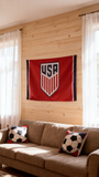 3x5ft USA Soccer Team Crest Flag, Red Polyester Banner with US Soccer Shield Logo, Ideal for World Cup Viewing Parties & Fan Caves, Customizable