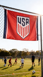 3x5ft USA Soccer Team Crest Flag, Red Polyester Banner with US Soccer Shield Logo, Ideal for World Cup Viewing Parties & Fan Caves, Customizable