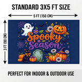 Spooky Season Flag 3x5 FT Ghost Pumpkin Black Cat Witch Hat Bat Spider Web Halloween Banner Wall Decor Indoor Outdoor Hanging Polyester