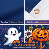Spooky Season Flag 3x5 FT Ghost Pumpkin Black Cat Witch Hat Bat Spider Web Halloween Banner Wall Decor Indoor Outdoor Hanging Polyester